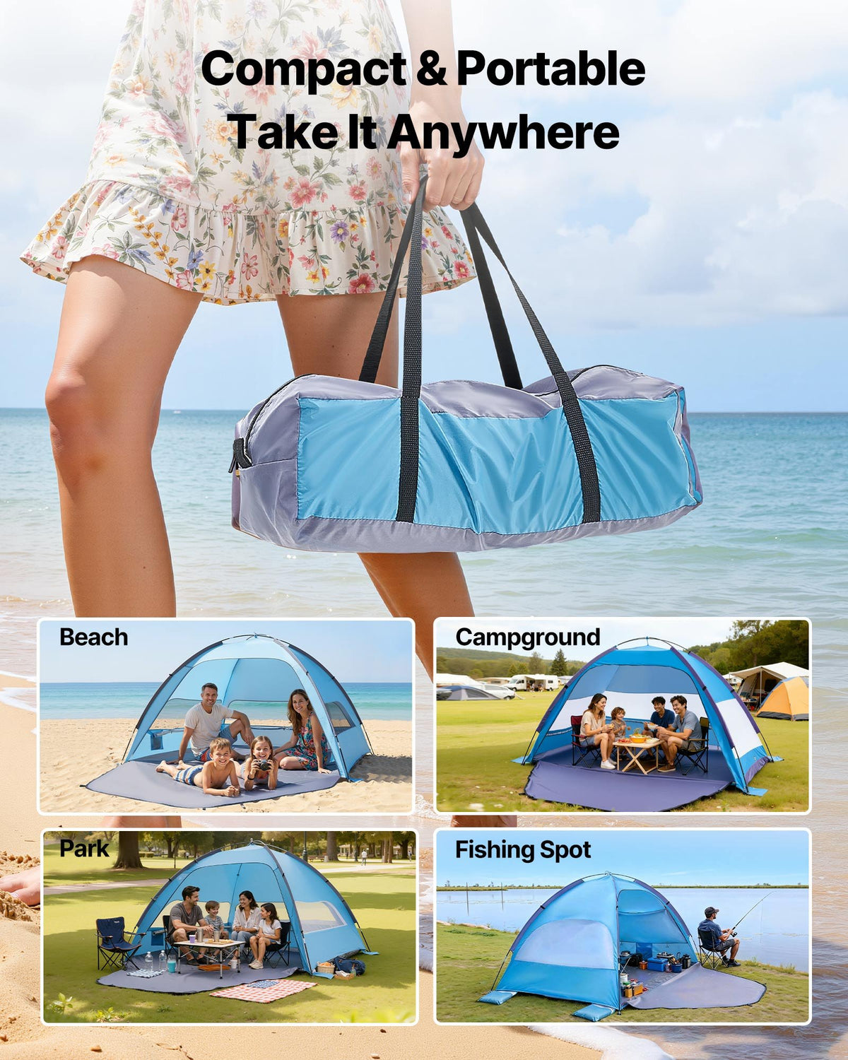 VEVOR Beach Tent Sun Shelter for 4 Person, UPF 50+ Protection, Portable Sun Shade Canopy with Carrying Bag & Sand Pockets, Lightweight and Easy Setup Beach Umbrella for Camping Fishing Outdoor Picnic - BXSHTZPDBJC4MORNX001V0 - view 7