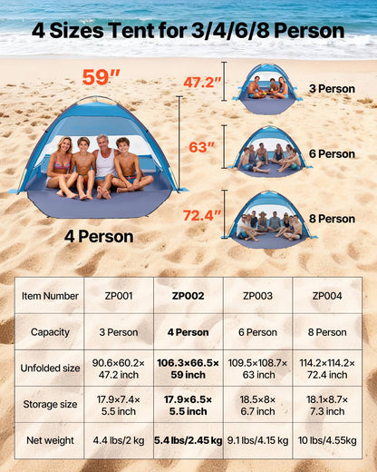 VEVOR Beach Tent Sun Shelter for 4 Person, UPF 50+ Protection, Portable Sun Shade Canopy with Carrying Bag & Sand Pockets, Lightweight and Easy Setup Beach Umbrella for Camping Fishing Outdoor Picnic - BXSHTZPDBJC4MORNX001V0 - view 8