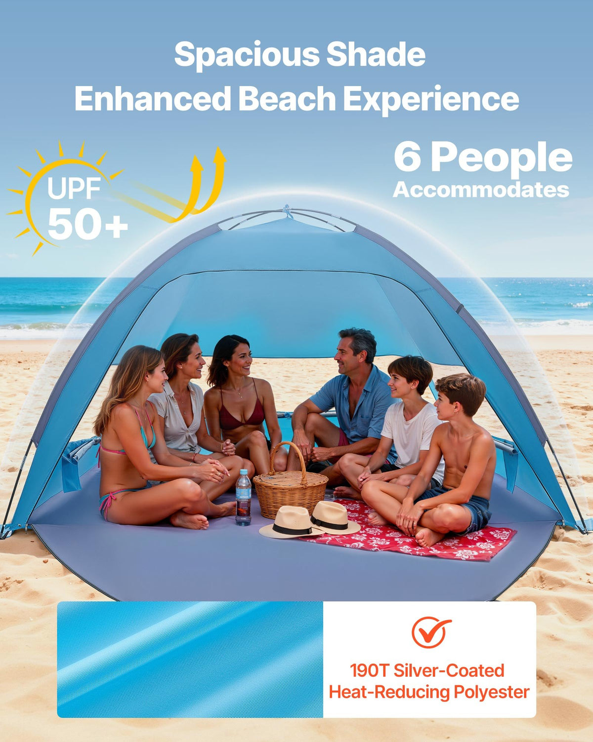 VEVOR Beach Tent Sun Shelter for 6 Person, UPF 50+ Protection, Portable Sun Shade Canopy with Carrying Bag & Sand Pockets, Lightweight and Easy Setup Beach Umbrella for Camping Fishing Outdoor Picnic - BXSHTZPDBJC6IOET9001V0 - view 3