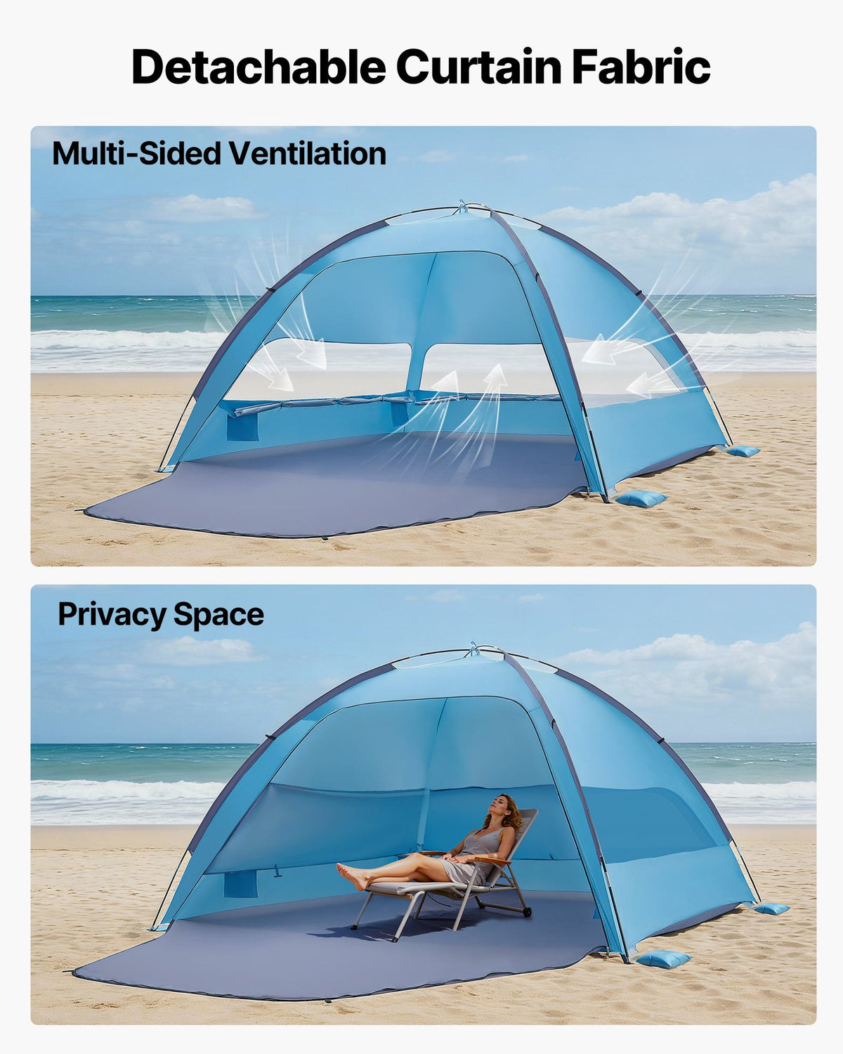 VEVOR Beach Tent Sun Shelter for 6 Person, UPF 50+ Protection, Portable Sun Shade Canopy with Carrying Bag & Sand Pockets, Lightweight and Easy Setup Beach Umbrella for Camping Fishing Outdoor Picnic - BXSHTZPDBJC6IOET9001V0 - view 4