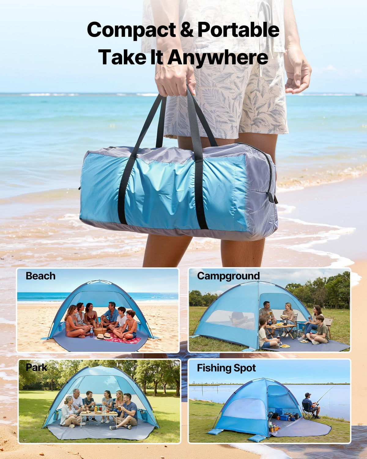 VEVOR Beach Tent Sun Shelter for 6 Person, UPF 50+ Protection, Portable Sun Shade Canopy with Carrying Bag & Sand Pockets, Lightweight and Easy Setup Beach Umbrella for Camping Fishing Outdoor Picnic - BXSHTZPDBJC6IOET9001V0 - view 7