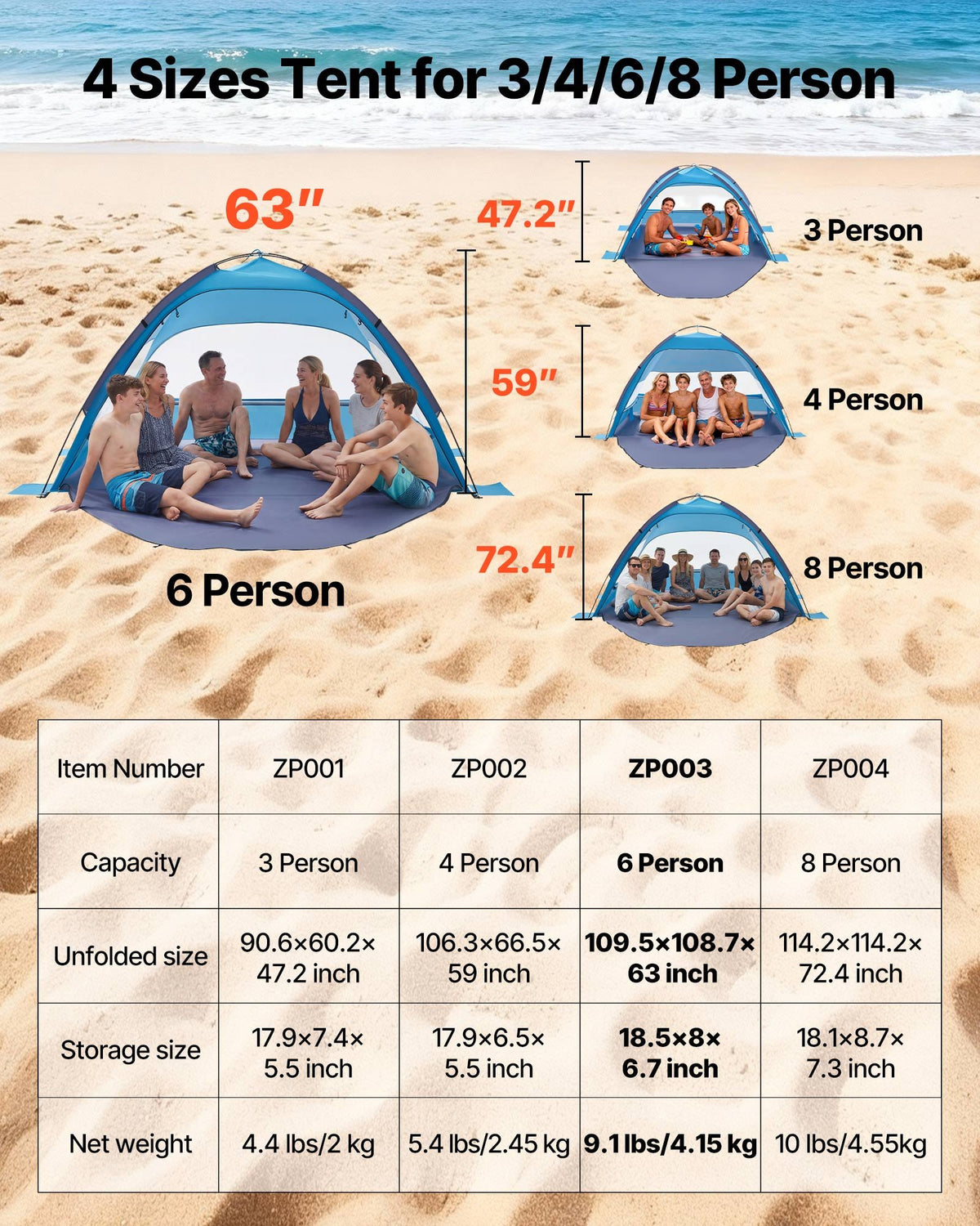 VEVOR Beach Tent Sun Shelter for 6 Person, UPF 50+ Protection, Portable Sun Shade Canopy with Carrying Bag & Sand Pockets, Lightweight and Easy Setup Beach Umbrella for Camping Fishing Outdoor Picnic - BXSHTZPDBJC6IOET9001V0 - view 8