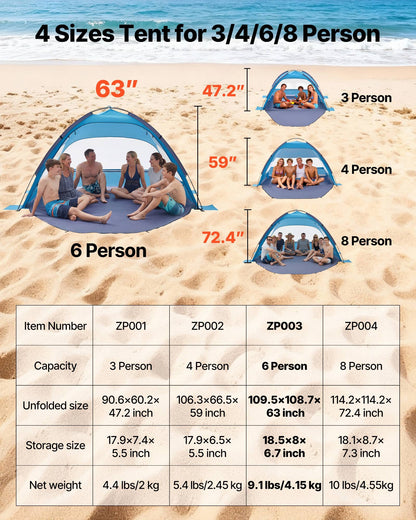 VEVOR Beach Tent Sun Shelter for 6 Person, UPF 50+ Protection, Portable Sun Shade Canopy with Carrying Bag & Sand Pockets, Lightweight and Easy Setup Beach Umbrella for Camping Fishing Outdoor Picnic - BXSHTZPDBJC6IOET9001V0 - view 8