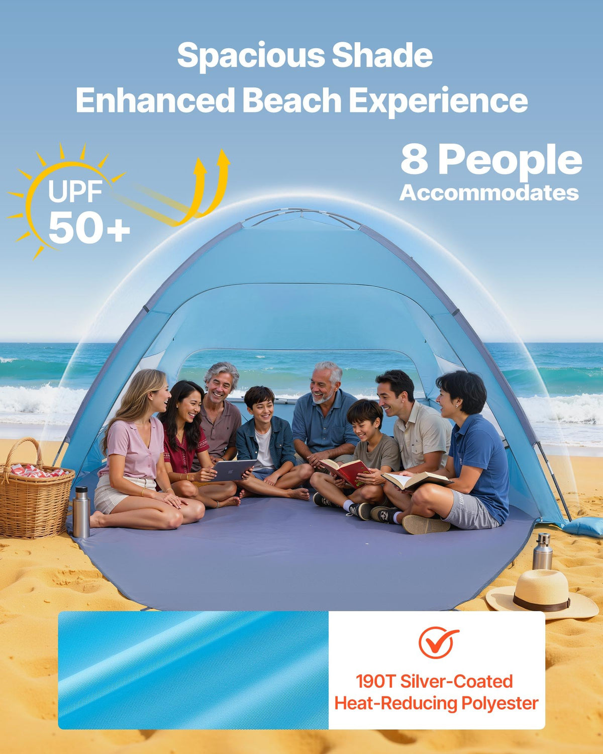VEVOR Beach Tent Sun Shelter for 8 Person, UPF 50+ Protection, Portable Sun Shade Canopy with Carrying Bag & Sand Pockets, Lightweight and Easy Setup Beach Umbrella for Camping Fishing Outdoor Picnic - BXSHTZPDBJC84S34S001V0 - view 3