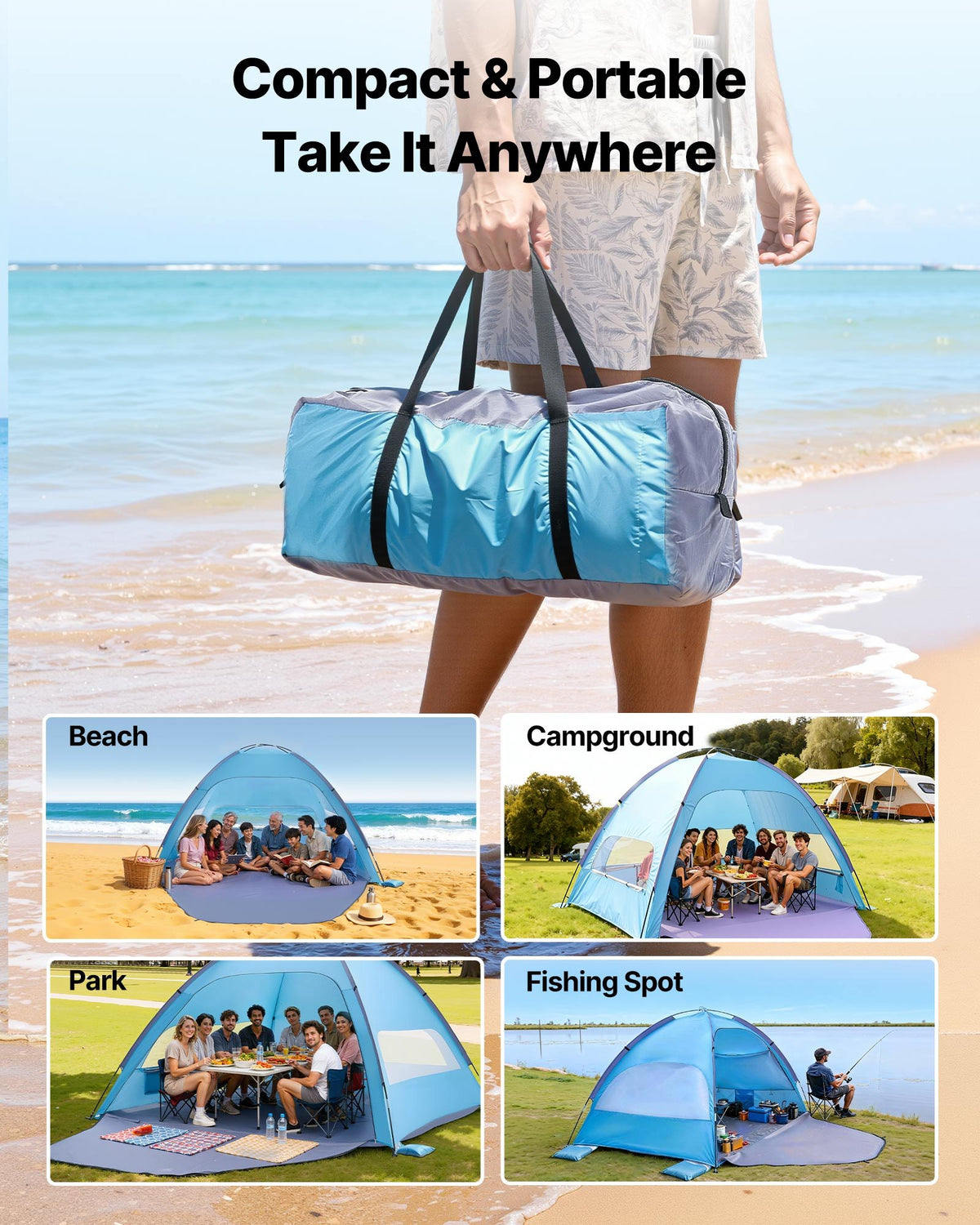VEVOR Beach Tent Sun Shelter for 8 Person, UPF 50+ Protection, Portable Sun Shade Canopy with Carrying Bag & Sand Pockets, Lightweight and Easy Setup Beach Umbrella for Camping Fishing Outdoor Picnic - BXSHTZPDBJC84S34S001V0 - view 7