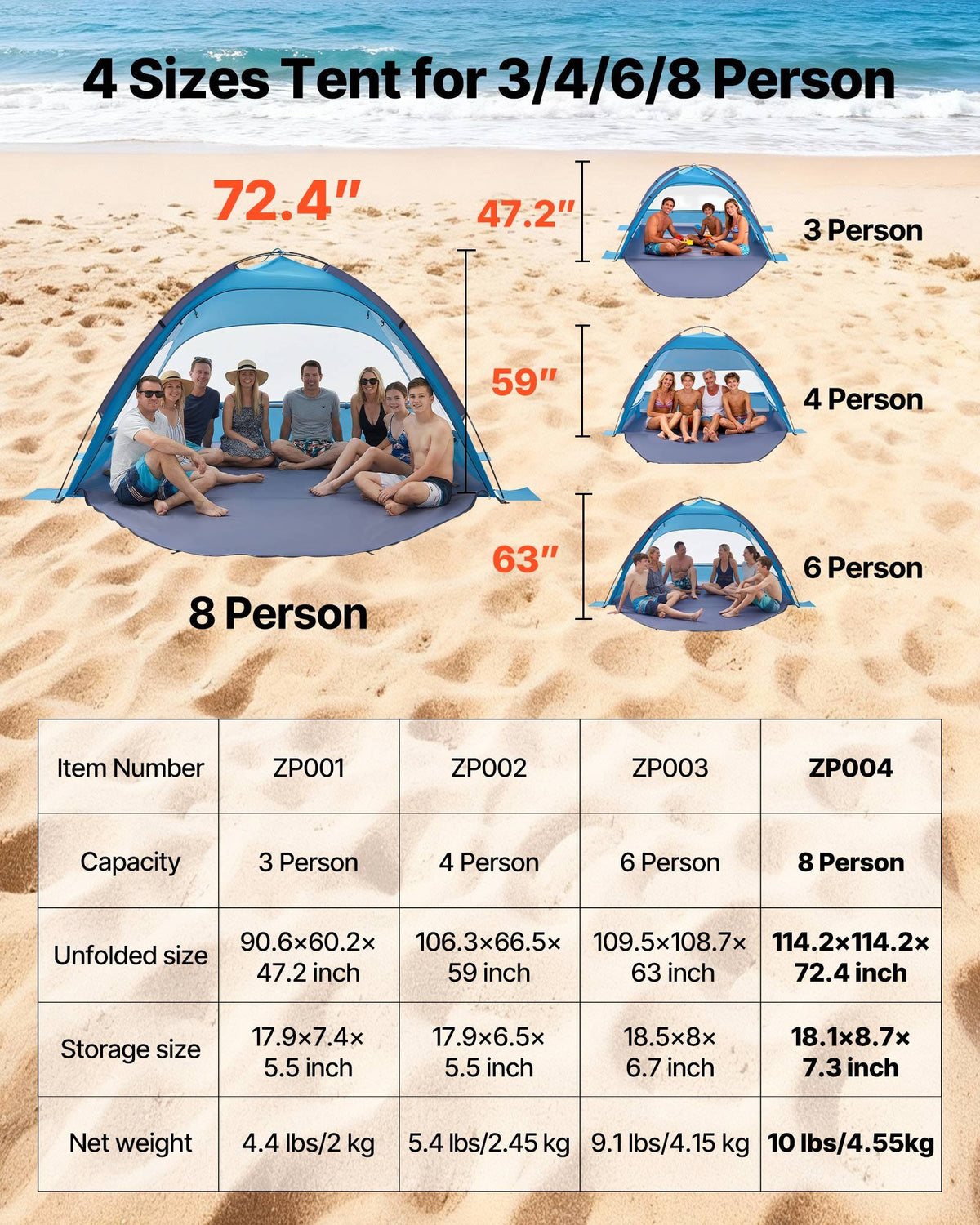 VEVOR Beach Tent Sun Shelter for 8 Person, UPF 50+ Protection, Portable Sun Shade Canopy with Carrying Bag & Sand Pockets, Lightweight and Easy Setup Beach Umbrella for Camping Fishing Outdoor Picnic - BXSHTZPDBJC84S34S001V0 - view 8