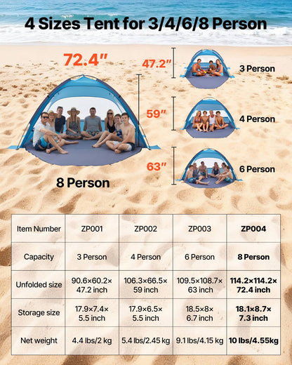 VEVOR Beach Tent Sun Shelter for 8 Person, UPF 50+ Protection, Portable Sun Shade Canopy with Carrying Bag & Sand Pockets, Lightweight and Easy Setup Beach Umbrella for Camping Fishing Outdoor Picnic - BXSHTZPDBJC84S34S001V0 - view 8