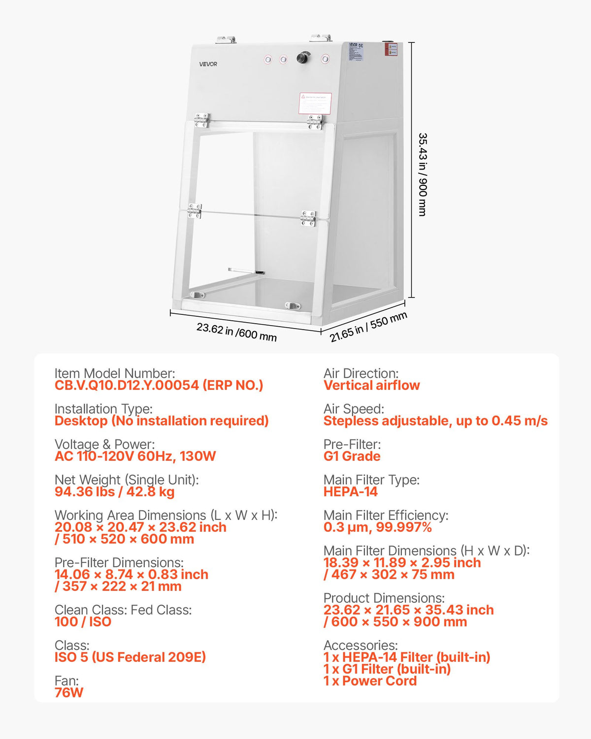 VEVOR Laminar Flow Hood, 20.08 x 20.47 x 23.62 inch Working Area Portable Clean Room, Meets ISO Class 5 Clean Room Standards, with HEPA-14 Filter and G1 Pre-Filter, for Medical and Laboratory Use - BXSJJS1829INJT2TM001V1 - view 8