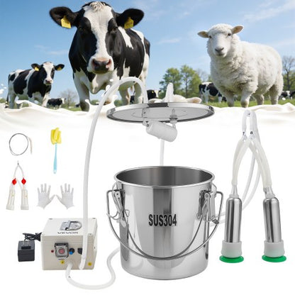 VEVOR Goat Milking Machine, 3.2 Gal / 12 L Food-Grade Stainless Steel Bucket, 4 Teat Cups for Cows and Goats, with 8000 mAh Rechargeable Battery, Electric Pulsation Milking Machine Portable Milker - BXSJNJ12LCD349AR5001V1 - view 2