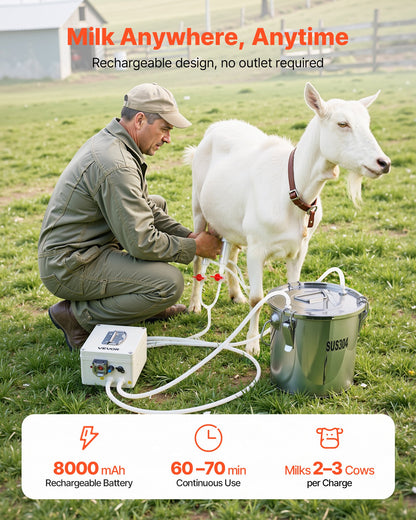 VEVOR Goat Milking Machine, 3.2 Gal / 12 L Food-Grade Stainless Steel Bucket, 4 Teat Cups for Cows and Goats, with 8000 mAh Rechargeable Battery, Electric Pulsation Milking Machine Portable Milker - BXSJNJ12LCD349AR5001V1 - view 3