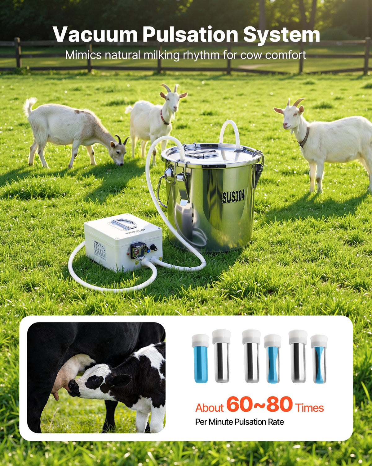 VEVOR Goat Milking Machine, 3.2 Gal / 12 L Food-Grade Stainless Steel Bucket, 4 Teat Cups for Cows and Goats, with 8000 mAh Rechargeable Battery, Electric Pulsation Milking Machine Portable Milker - BXSJNJ12LCD349AR5001V1 - view 6