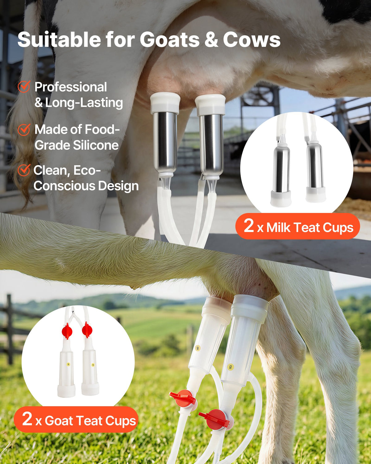 VEVOR Goat Milking Machine, 3.2 Gal / 12 L Food-Grade Stainless Steel Bucket, 4 Teat Cups for Cows and Goats, with 8000 mAh Rechargeable Battery, Electric Pulsation Milking Machine Portable Milker - BXSJNJ12LCD349AR5001V1 - view 7