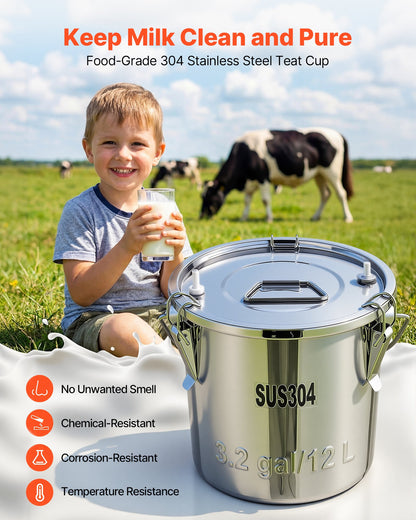 VEVOR Goat Milking Machine, 3.2 Gal / 12 L Food-Grade Stainless Steel Bucket, 4 Teat Cups for Cows and Goats, with 8000 mAh Rechargeable Battery, Electric Pulsation Milking Machine Portable Milker - BXSJNJ12LCD349AR5001V1 - view 8