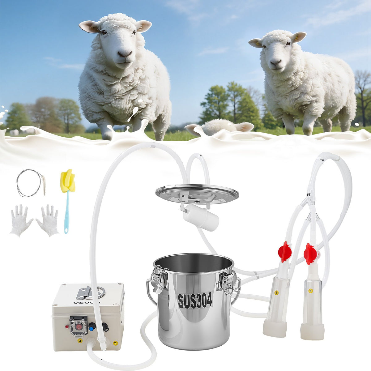 VEVOR Goat Milking Machine, 0.8 Gal / 3 L Food-Grade Stainless Steel Bucket, with 5200 mAh Rechargeable Battery, 2 Teat Cups, Cordless Portable Pulsation Vaccum Electric Milking Machine for Goats Only - BXSJNJ3LCD30X9CEE001V1 - view 1
