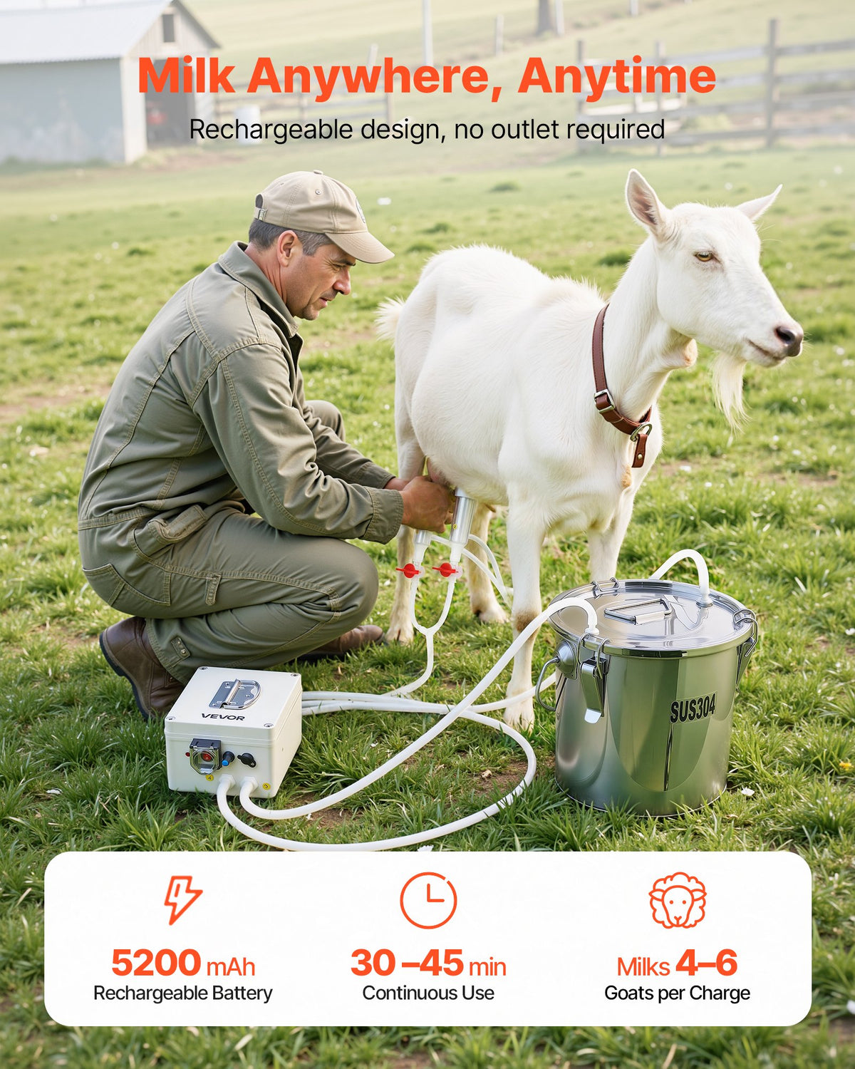 VEVOR Goat Milking Machine, 0.8 Gal / 3 L Food-Grade Stainless Steel Bucket, with 5200 mAh Rechargeable Battery, 2 Teat Cups, Cordless Portable Pulsation Vaccum Electric Milking Machine for Goats Only - BXSJNJ3LCD30X9CEE001V1 - view 3