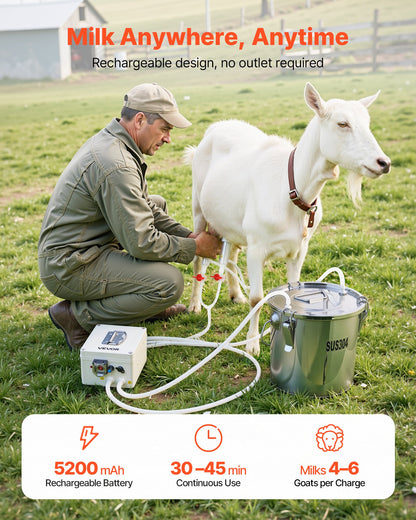 VEVOR Goat Milking Machine, 0.8 Gal / 3 L Food-Grade Stainless Steel Bucket, with 5200 mAh Rechargeable Battery, 2 Teat Cups, Cordless Portable Pulsation Vaccum Electric Milking Machine for Goats Only - BXSJNJ3LCD30X9CEE001V1 - view 3