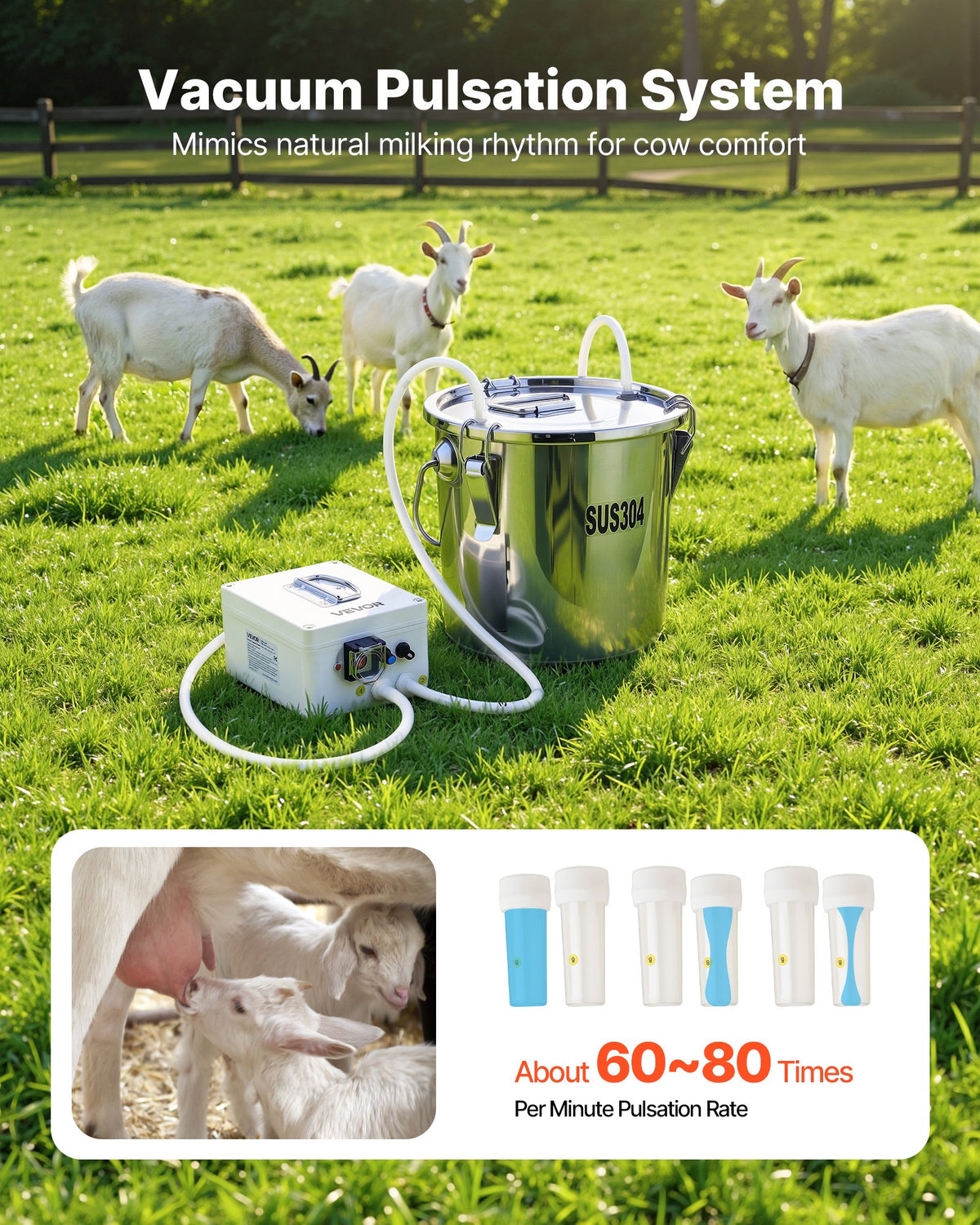 VEVOR Goat Milking Machine, 0.8 Gal / 3 L Food-Grade Stainless Steel Bucket, with 5200 mAh Rechargeable Battery, 2 Teat Cups, Cordless Portable Pulsation Vaccum Electric Milking Machine for Goats Only - BXSJNJ3LCD30X9CEE001V1 - view 6