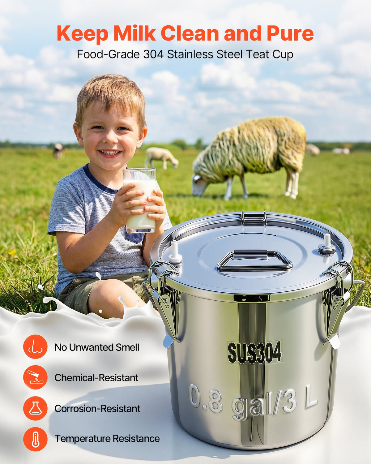VEVOR Goat Milking Machine, 0.8 Gal / 3 L Food-Grade Stainless Steel Bucket, with 5200 mAh Rechargeable Battery, 2 Teat Cups, Cordless Portable Pulsation Vaccum Electric Milking Machine for Goats Only - BXSJNJ3LCD30X9CEE001V1 - view 8