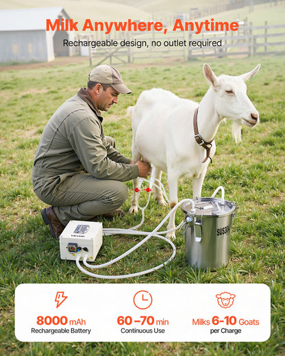 VEVOR Goat Milking Machine, 1.8 Gal / 7 L Food-Grade Stainless Steel Bucket, 4 Teat Cups for Cows and Goats, with 8000 mAh Rechargeable Battery, Electric Pulsation Milking Machine Portable Milker - BXSJNJ7LCD30R23HY001V1 - view 3