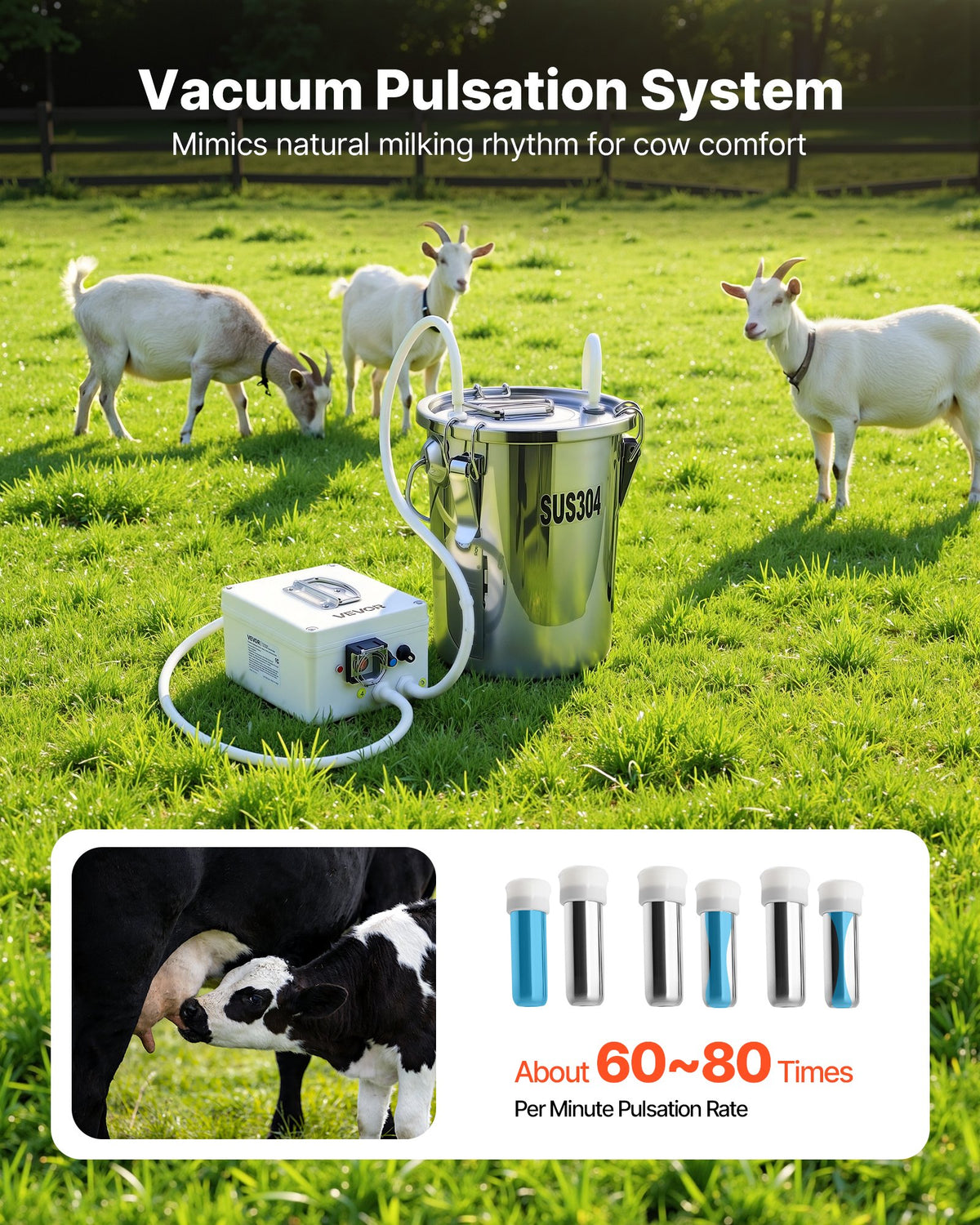 VEVOR Goat Milking Machine, 1.8 Gal / 7 L Food-Grade Stainless Steel Bucket, 4 Teat Cups for Cows and Goats, with 8000 mAh Rechargeable Battery, Electric Pulsation Milking Machine Portable Milker - BXSJNJ7LCD30R23HY001V1 - view 6