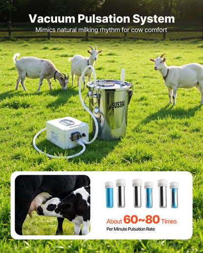 VEVOR Goat Milking Machine, 1.8 Gal / 7 L Food-Grade Stainless Steel Bucket, 4 Teat Cups for Cows and Goats, with 8000 mAh Rechargeable Battery, Electric Pulsation Milking Machine Portable Milker - BXSJNJ7LCD30R23HY001V1 - view 6