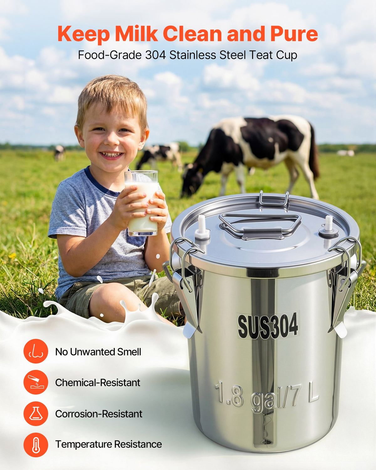 VEVOR Goat Milking Machine, 1.8 Gal / 7 L Food-Grade Stainless Steel Bucket, 4 Teat Cups for Cows and Goats, with 8000 mAh Rechargeable Battery, Electric Pulsation Milking Machine Portable Milker - BXSJNJ7LCD30R23HY001V1 - view 8