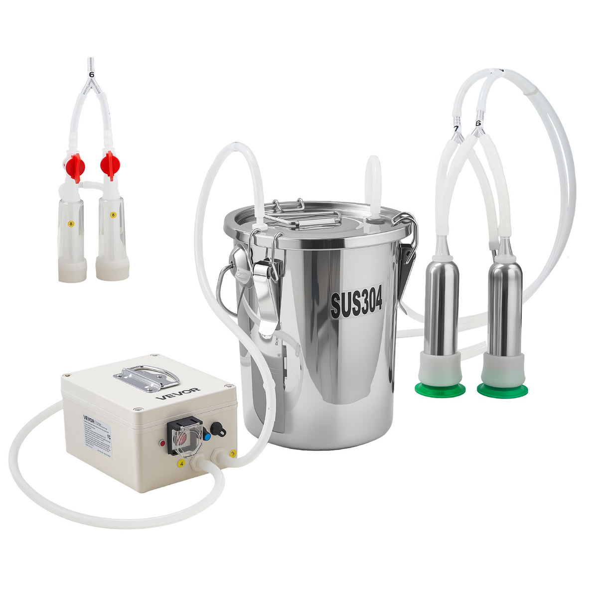 VEVOR Goat Milking Machine, 1.8 Gal / 7 L Food-Grade Stainless Steel Bucket, 4 Teat Cups for Cows and Goats, with 8000 mAh Rechargeable Battery, Electric Pulsation Milking Machine Portable Milker - BXSJNJ7LCD30R23HY001V1 - view 10