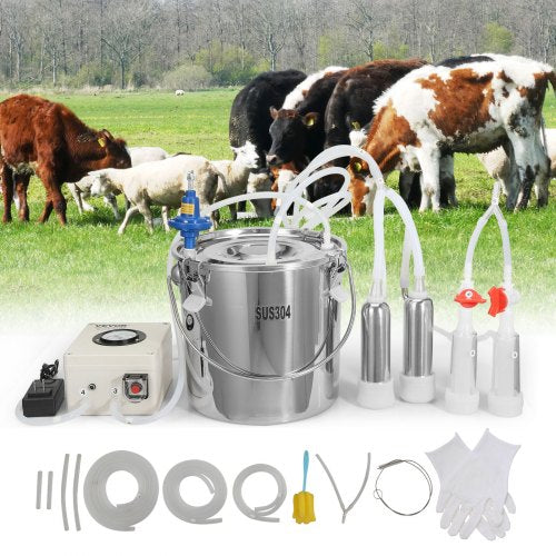VEVOR Goat Milking Machine, 12 L 304 Stainless Steel Bucket, Electric Automatic Pulsation Vacuum Milker, Portable Milker with Food-grade Silicone Cups and Tubes, Adjustable Suction for Cows and Sheep - BXSJNJC12L304ZK8RV1 - view 1