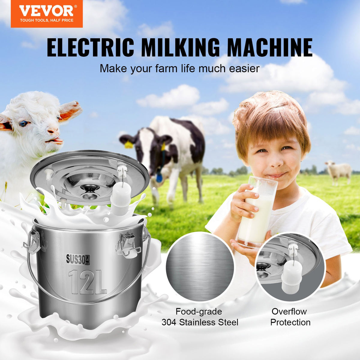 VEVOR Goat Milking Machine, 12 L 304 Stainless Steel Bucket, Electric Automatic Pulsation Vacuum Milker, Portable Milker with Food-grade Silicone Cups and Tubes, Adjustable Suction for Cows and Sheep - BXSJNJC12L304ZK8RV1 - view 2