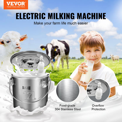 VEVOR Goat Milking Machine, 12 L 304 Stainless Steel Bucket, Electric Automatic Pulsation Vacuum Milker, Portable Milker with Food-grade Silicone Cups and Tubes, Adjustable Suction for Cows and Sheep - BXSJNJC12L304ZK8RV1 - view 2