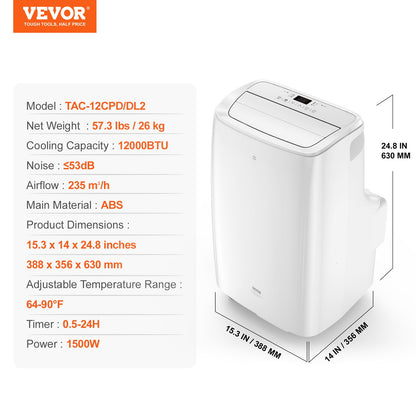 VEVOR 12,000 BTU Portable Air Conditioners, 3-in-1 Portable AC Unit with Remote Control, for 550-700 Sq.Ft, Cool/Dehumidifier/Fan Mode &Low Noise & Rich Accessories for Home/Office/Dorms, White - BXSKDDL120002L6R9V1 - view 8