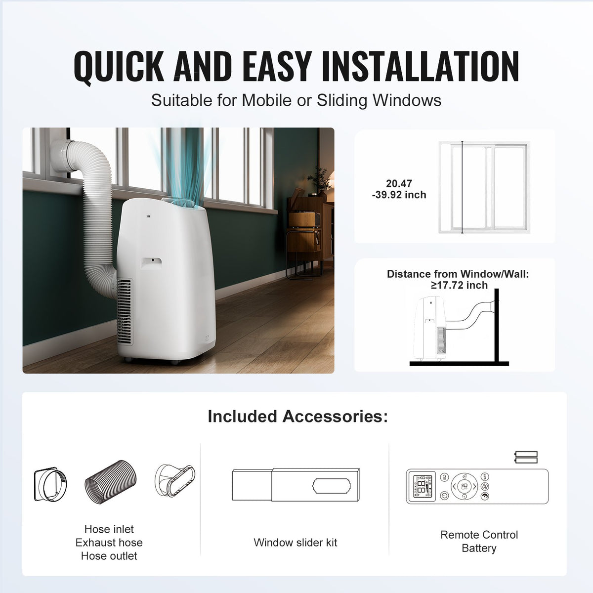 VEVOR 14,000 BTU Portable Air Conditioners, 3-in-1 Portable AC Unit with Remote Control, for 550-700 Sq.Ft, Cool/Dehumidifier/Fan Mode &Low Noise & Rich Accessories for Home/Office/Dorms, White (10,200 BTU SACC Rating) - BXSKDDL14000DI34UV1 - view 6