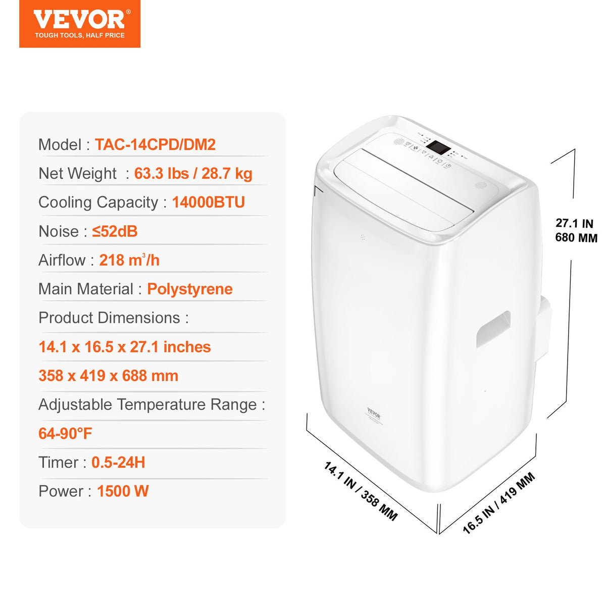 VEVOR 14,000 BTU Portable Air Conditioners, 3-in-1 Portable AC Unit with Remote Control, for 550-700 Sq.Ft, Cool/Dehumidifier/Fan Mode &Low Noise & Rich Accessories for Home/Office/Dorms, White (10,200 BTU SACC Rating) - BXSKDDL14000DI34UV1 - view 8