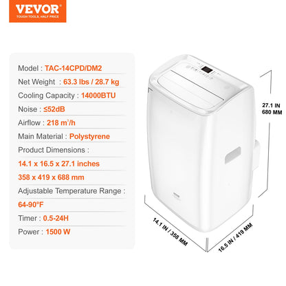 VEVOR 14,000 BTU Portable Air Conditioners, 3-in-1 Portable AC Unit with Remote Control, for 550-700 Sq.Ft, Cool/Dehumidifier/Fan Mode &Low Noise & Rich Accessories for Home/Office/Dorms, White (10,200 BTU SACC Rating) - BXSKDDL14000DI34UV1 - view 8