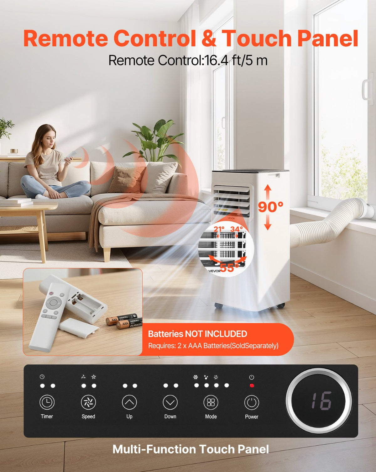 VEVOR Portable Air Conditioner, 10000 BTU ASHRAE (6000 BTU SACC) 3-in-1 Standing Cooling Ac Unit, with LED Touch Panel & Remote Control, 24h Timer, Cooling, Dehumidifier, Fan for Room Indoor, White - BXSKDMZKDL10X36XU001V1 - view 7