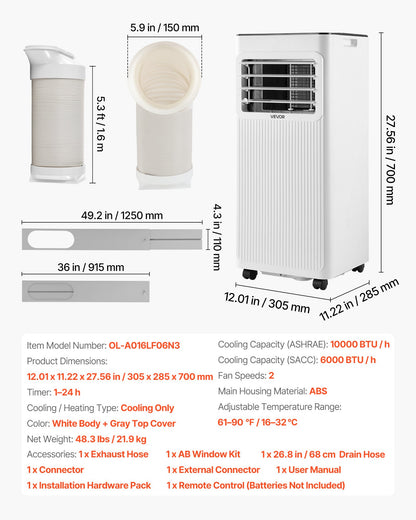 VEVOR Portable Air Conditioner, 10000 BTU ASHRAE (6000 BTU SACC) 3-in-1 Standing Cooling Ac Unit, with LED Touch Panel & Remote Control, 24h Timer, Cooling, Dehumidifier, Fan for Room Indoor, White - BXSKDMZKDL10X36XU001V1 - view 8