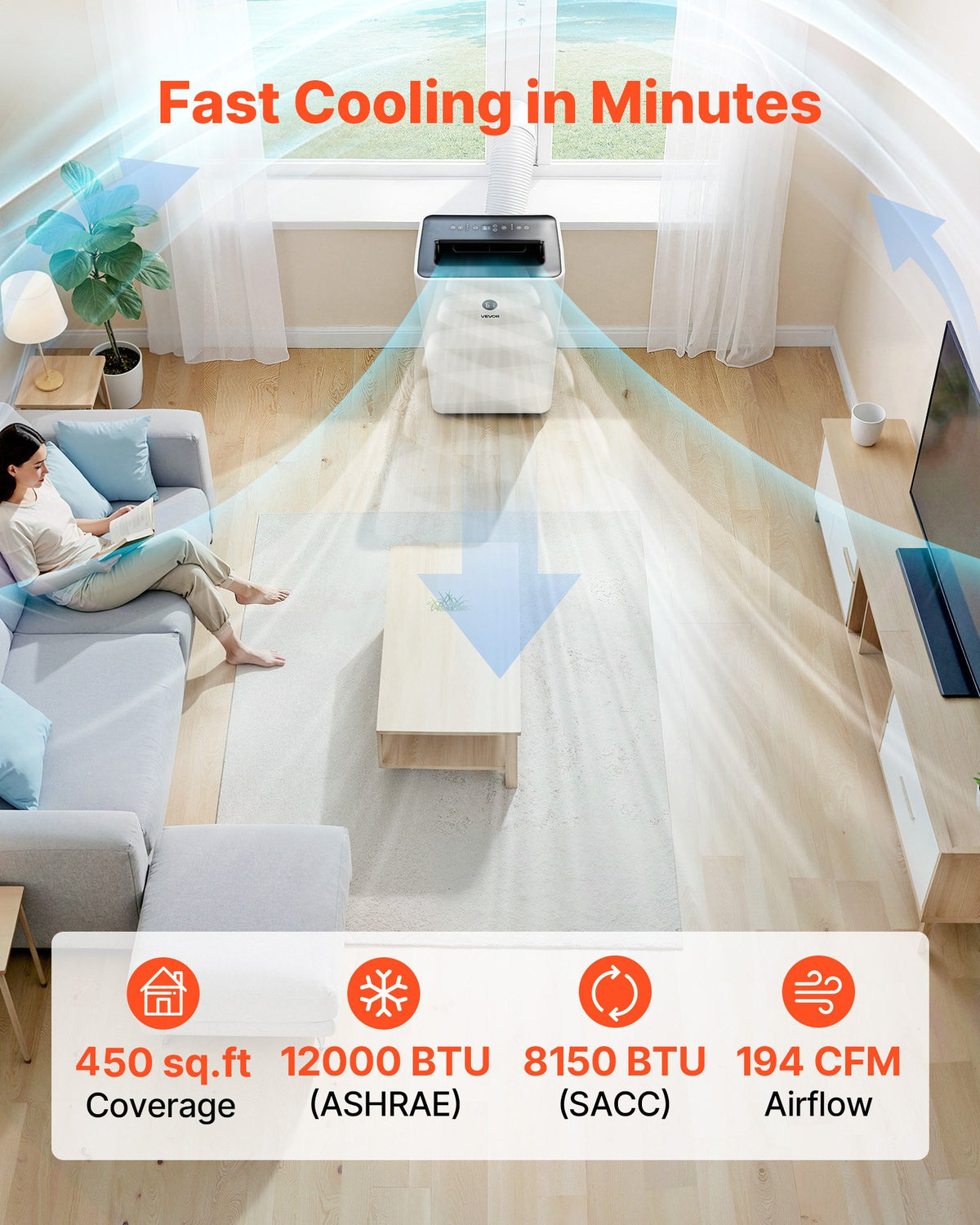VEVOR Portable Air Conditioner, 12000 BTU ASHRAE (8150 BTU SACC) 4-in-1 Standing Cooling Ac Unit, LED Touch Panel & Remote Control, 24h Timer, Cooling, Dehumidifier, Fan, Sleep Mode for Room Indoor - BXSKDMZKDL12GNWLC001V1 - view 5