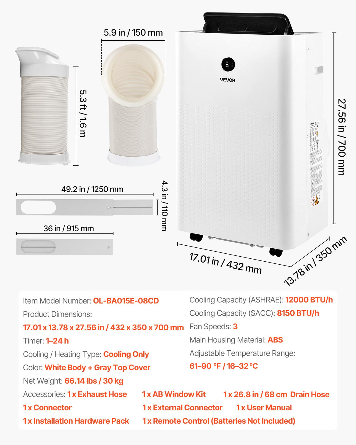 VEVOR Portable Air Conditioner, 12000 BTU ASHRAE (8150 BTU SACC) 4-in-1 Standing Cooling Ac Unit, LED Touch Panel & Remote Control, 24h Timer, Cooling, Dehumidifier, Fan, Sleep Mode for Room Indoor - BXSKDMZKDL12GNWLC001V1 - view 8