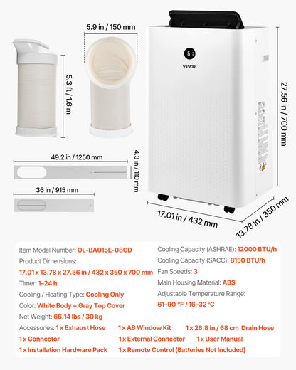 VEVOR Portable Air Conditioner, 12000 BTU ASHRAE (8150 BTU SACC) 4-in-1 Standing Cooling Ac Unit, LED Touch Panel & Remote Control, 24h Timer, Cooling, Dehumidifier, Fan, Sleep Mode for Room Indoor - BXSKDMZKDL12GNWLC001V1 - view 8