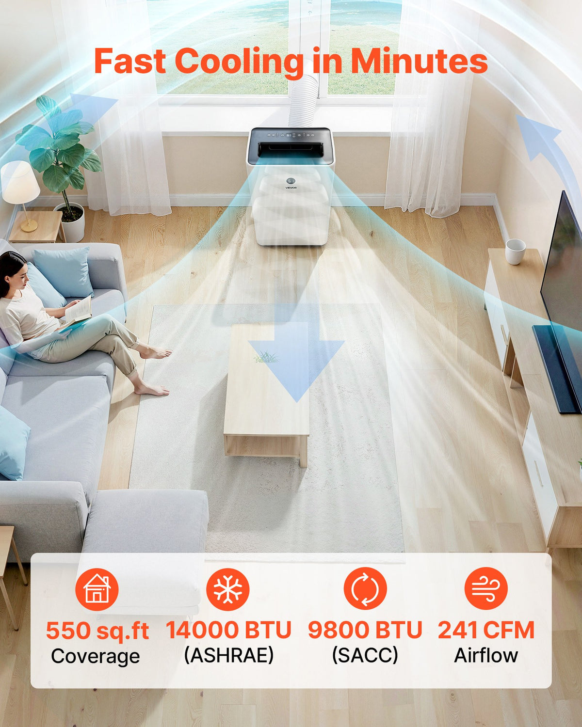 VEVOR Portable Air Conditioner, 14000 BTU ASHRAE (9800 BTU SACC) 4-in-1 Standing Cooling Ac Unit, LED Touch Panel & Remote Control, 24h Timer, Cooling, Dehumidifier, Fan, Sleep Mode for Room Indoor - BXSKDMZKDL14QGU92001V1 - view 5