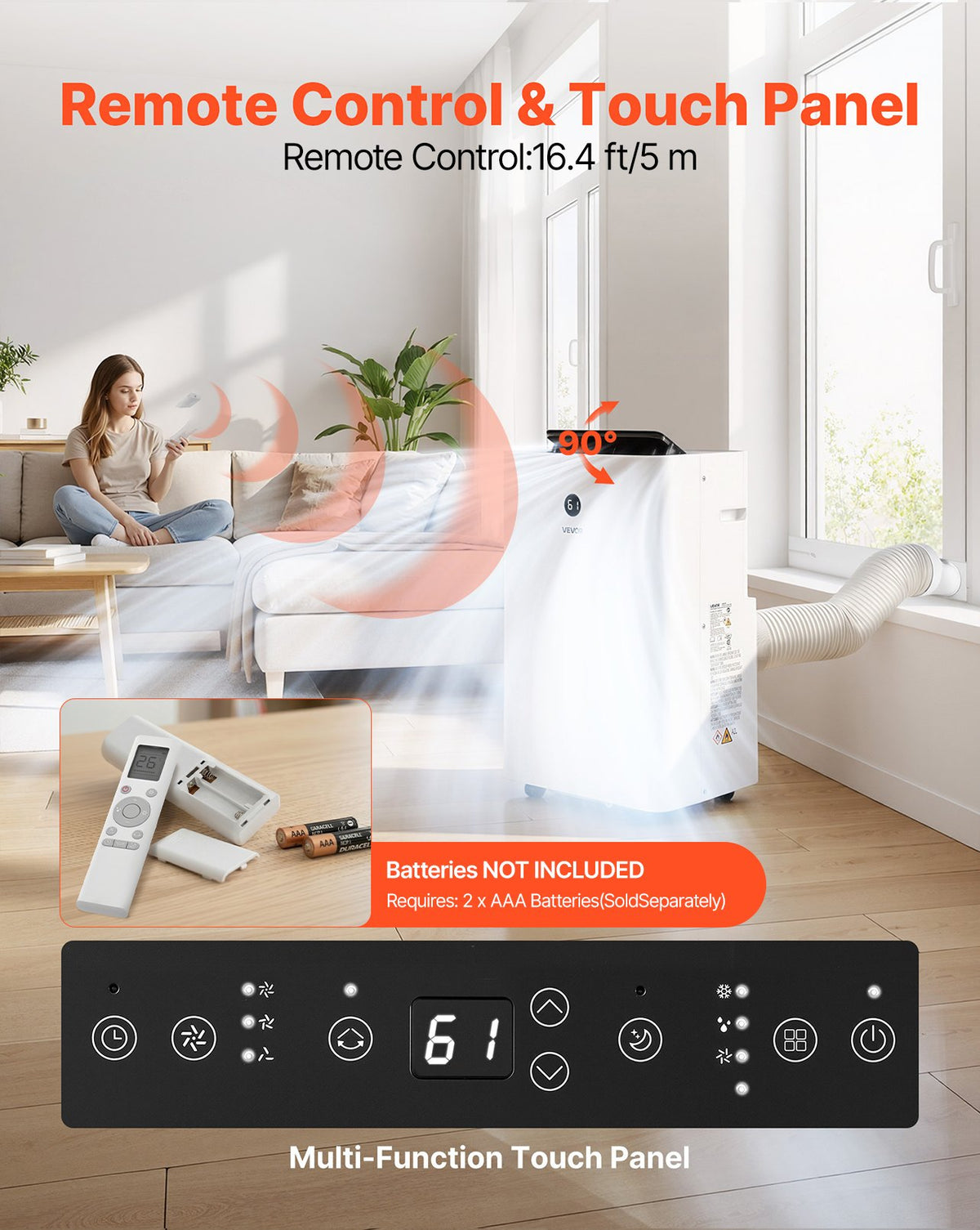 VEVOR Portable Air Conditioner, 14000 BTU ASHRAE (9800 BTU SACC) 4-in-1 Standing Cooling Ac Unit, LED Touch Panel & Remote Control, 24h Timer, Cooling, Dehumidifier, Fan, Sleep Mode for Room Indoor - BXSKDMZKDL14QGU92001V1 - view 7