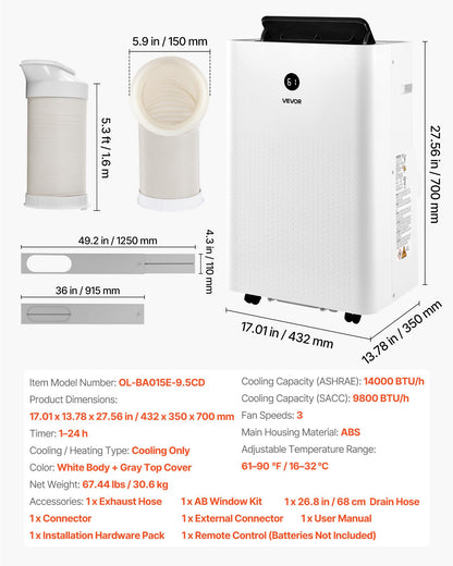 VEVOR Portable Air Conditioner, 14000 BTU ASHRAE (9800 BTU SACC) 4-in-1 Standing Cooling Ac Unit, LED Touch Panel & Remote Control, 24h Timer, Cooling, Dehumidifier, Fan, Sleep Mode for Room Indoor - BXSKDMZKDL14QGU92001V1 - view 8