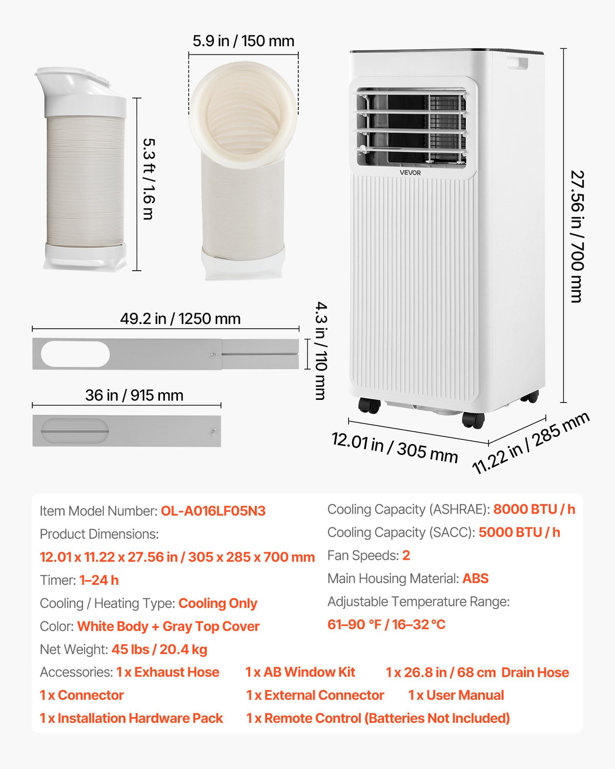 VEVOR Portable Air Conditioner, 8000 BTU ASHRAE (5000 BTU SACC) 3-in-1 Standing Cooling Ac Unit, with LED Touch Panel & Remote Control, 24h Timer, Cooling, Dehumidifier, Fan for Room Indoor, White - BXSKDMZKDL8094I1J001V1 - view 8