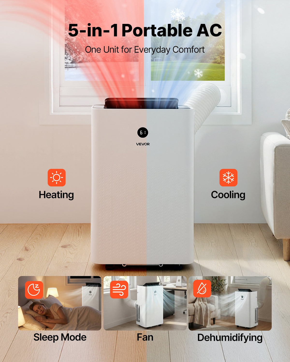 VEVOR Portable Air Conditioner and Heater Combo, 14000 BTU (9800 BTU SACC) 5-in-1 Standing Cooling Ac Unit, LED Touch Panel & Remote Control, 24h Timer, Dehumidifier/Fan/Sleep Mode for Room Indoor - BXSKDMZKLN14E1PSO001V1 - view 3