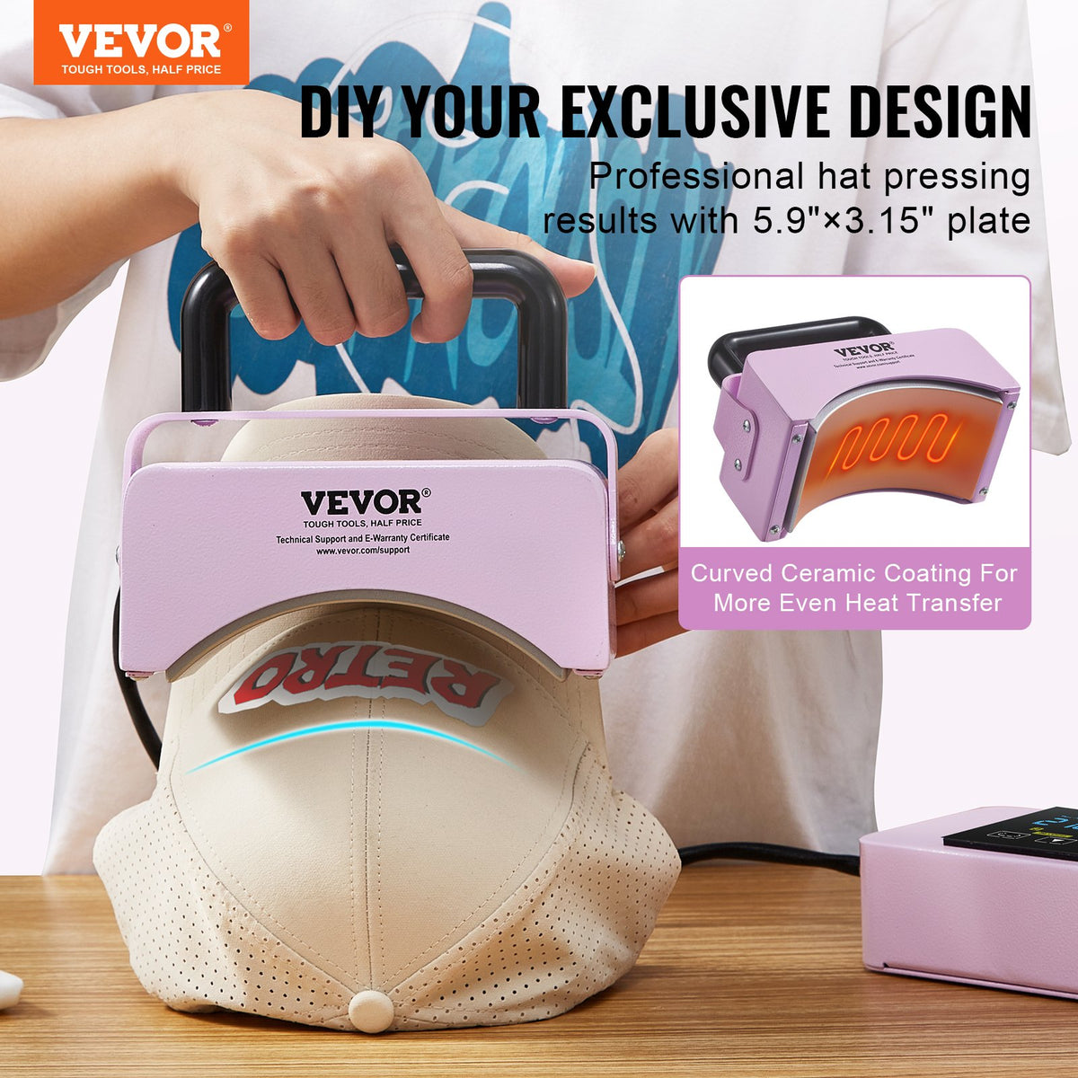 VEVOR Hat Press Machine, Mini Hat Heat Press for Caps with Integrated Control Panel, Cap Heat Press Machine with 5.9x3.15 inch Curved Heating Plate, Safety Base, and Glove, Automatic Shut-Off, Purple - BXSKMJBJMINIB06CLV1 - view 3