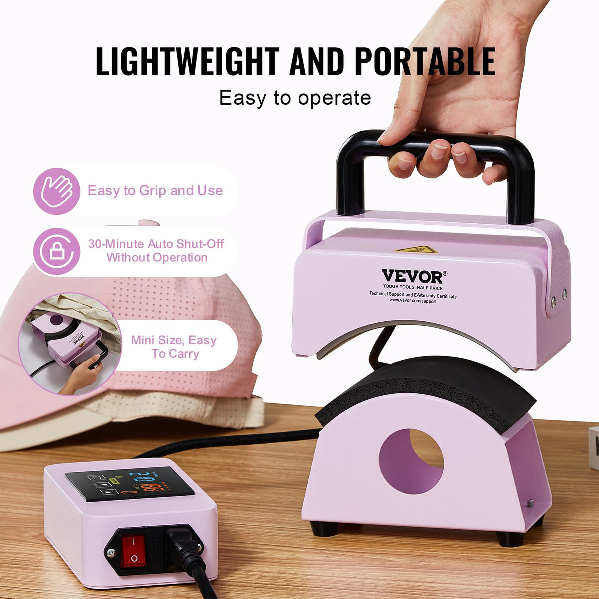 VEVOR Hat Press Machine, Mini Hat Heat Press for Caps with Integrated Control Panel, Cap Heat Press Machine with 5.9x3.15 inch Curved Heating Plate, Safety Base, and Glove, Automatic Shut-Off, Purple - BXSKMJBJMINIB06CLV1 - view 6