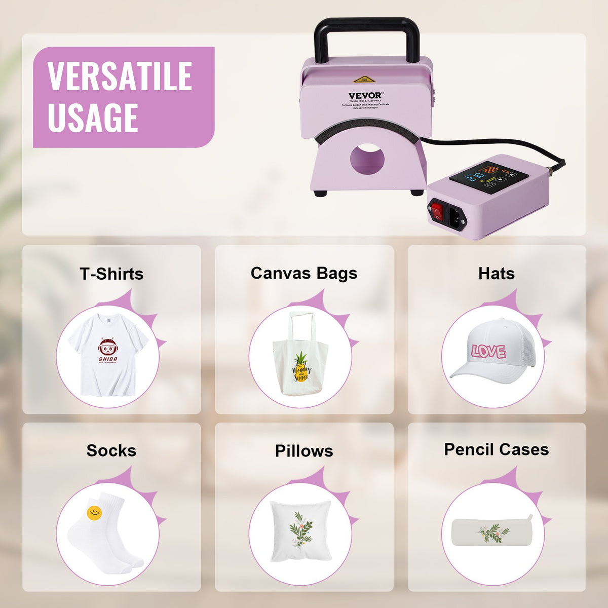 VEVOR Hat Press Machine, Mini Hat Heat Press for Caps with Integrated Control Panel, Cap Heat Press Machine with 5.9x3.15 inch Curved Heating Plate, Safety Base, and Glove, Automatic Shut-Off, Purple - BXSKMJBJMINIB06CLV1 - view 7
