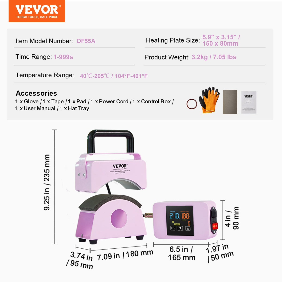 VEVOR Hat Press Machine, Mini Hat Heat Press for Caps with Integrated Control Panel, Cap Heat Press Machine with 5.9x3.15 inch Curved Heating Plate, Safety Base, and Glove, Automatic Shut-Off, Purple - BXSKMJBJMINIB06CLV1 - view 8