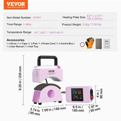 VEVOR Hat Press Machine, Mini Hat Heat Press for Caps with Integrated Control Panel, Cap Heat Press Machine with 5.9x3.15 inch Curved Heating Plate, Safety Base, and Glove, Automatic Shut-Off, Purple - BXSKMJBJMINIB06CLV1 - view 8