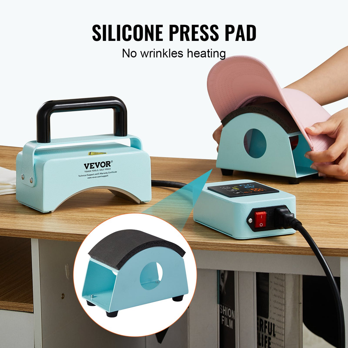 VEVOR Hat Press Machine, Mini Hat Heat Press for Caps with Integrated Control Panel, Cap Heat Press Machine with 5.9x3.15 inch Curved Heating Plate, Safety Base, and Glove, Automatic Shut-Off, Green - BXSKMJMINIKMFO40OV1 - view 5